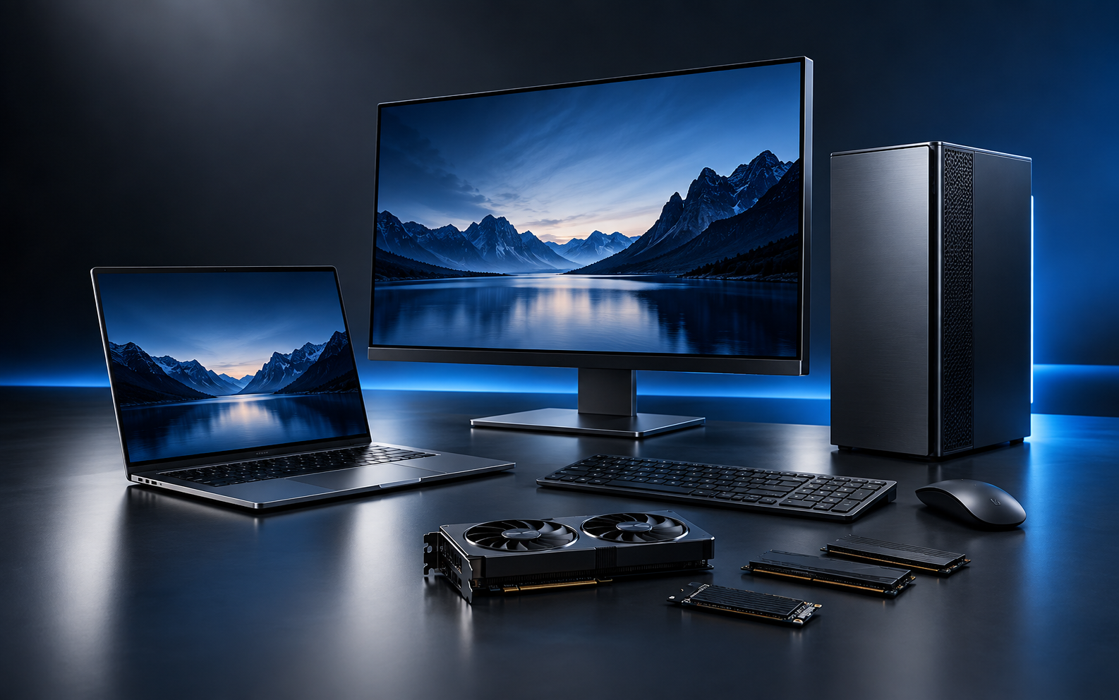 Business laptop, desktop monitor and PC components arranged in a technology studio